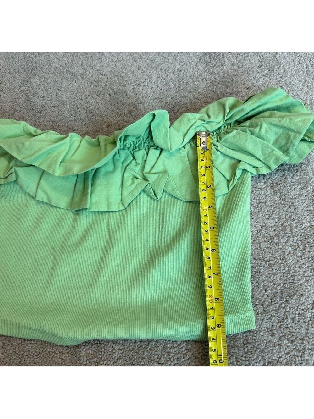 Zara green ribbed ruffle frill neckline off the shoulder fitted crop top M NWOT - Picture 7 of 12